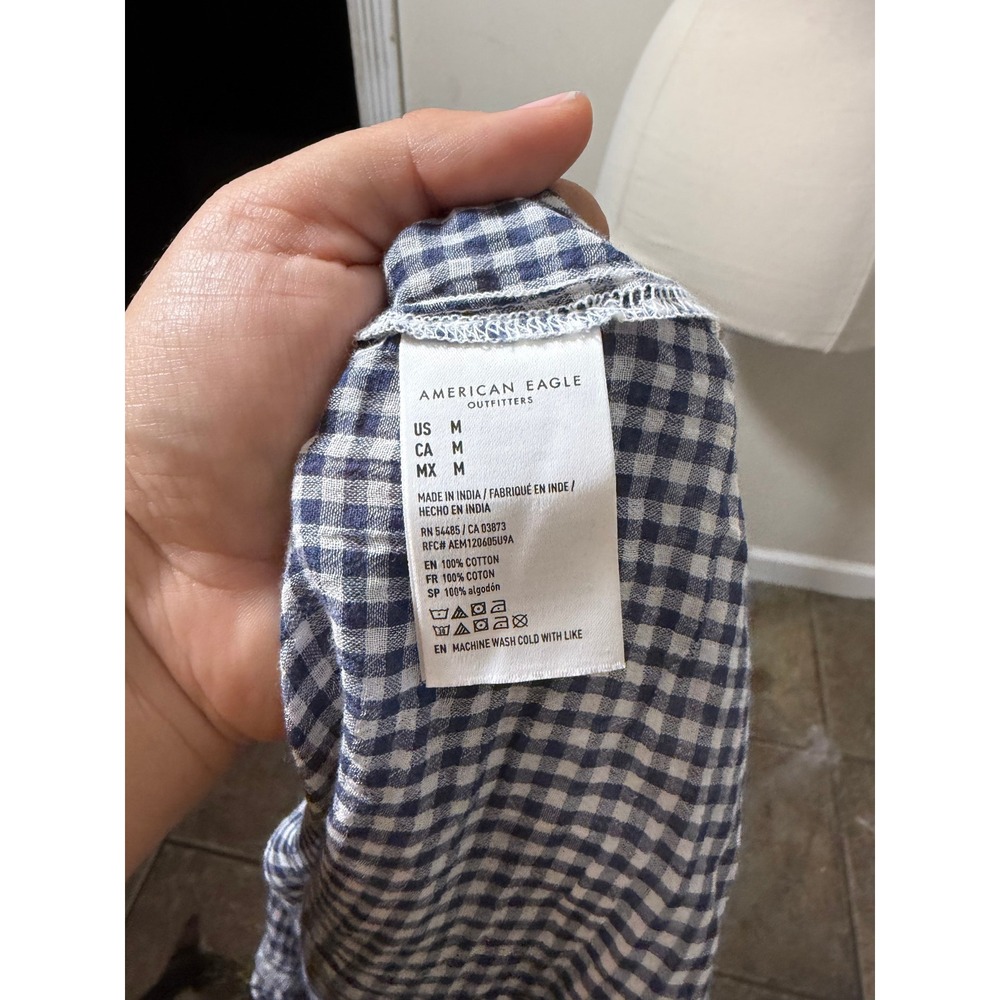 American Eagle Blue Gingham Plaid Tie Back Short Sleeve Button Up Top Medium